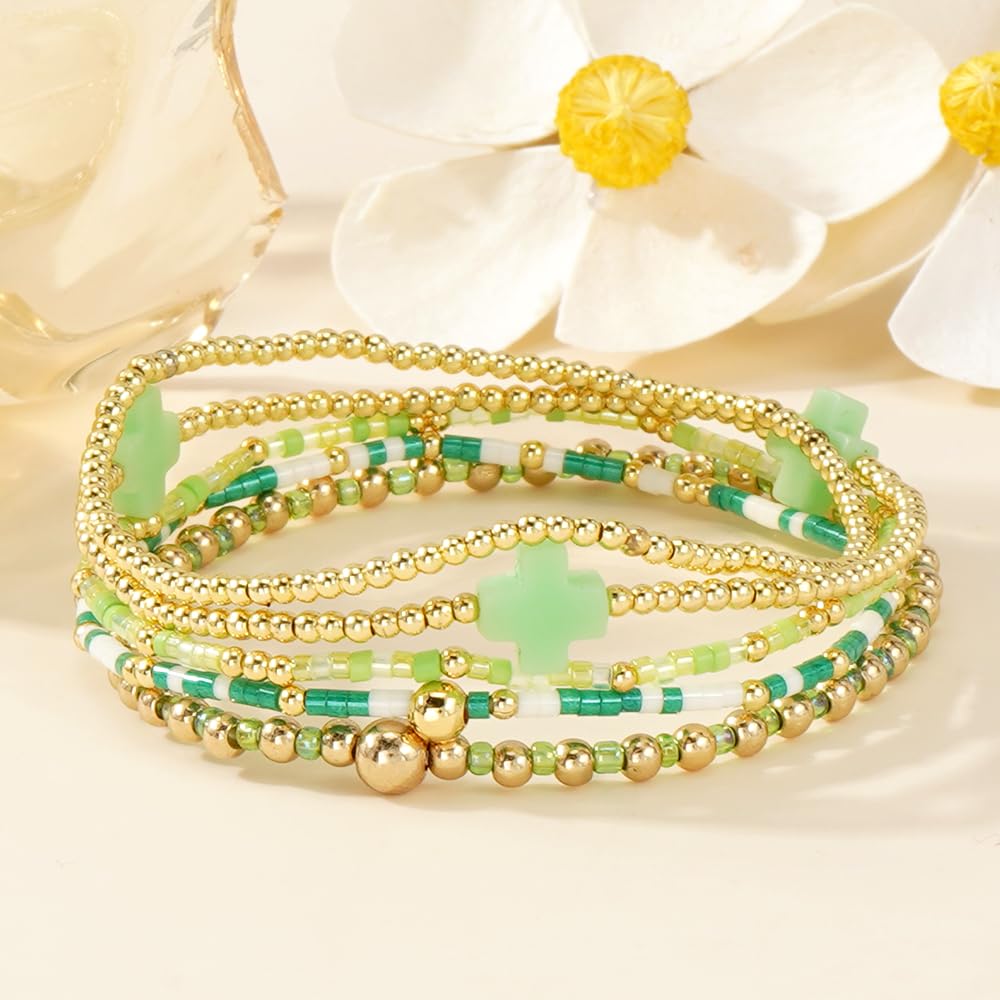 Bohxantium Gold Beaded Cross Bracelets for Women Dainty 14K Gold Plated Beads Ball Green Stretch Stackable Non Tarnish Bracelet Stack Boho Christian Jewelry Accessories Birthday Prom Friendship Gift