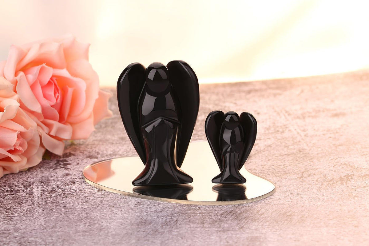 QINJIEJIE 3" Black Obsidian Crystal Angel Decor Healing Peace Angel Stone Figurine Polished Gemstone Guardian Statue Room Desk Office Hand Carved Decorations Energy Gifts for Women & Men