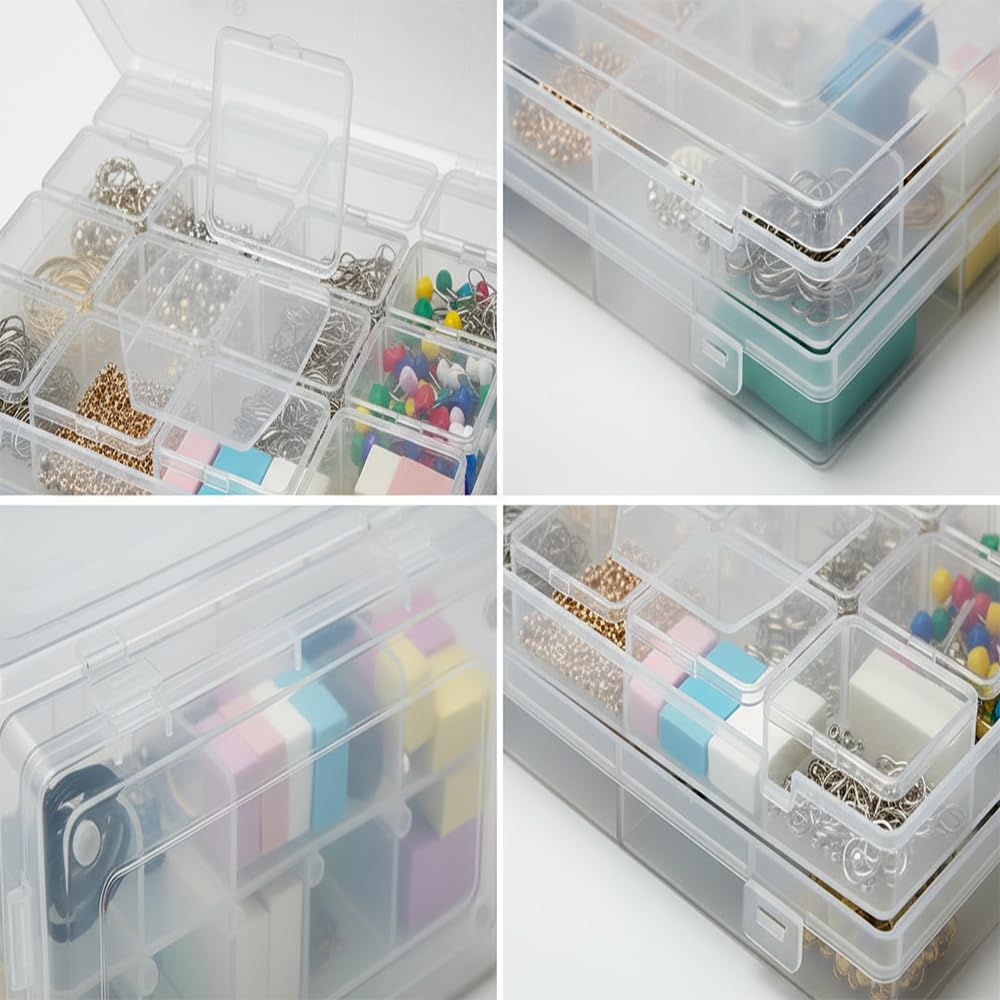 RHONZHAO 32-Grid Bead Storage Containers Set, 32 Clear Plastic Organizer Boxes w/Hinged Lids, Craft Parts Organizer for Jewelry & Diamond Painting (Clear 2 Pack)