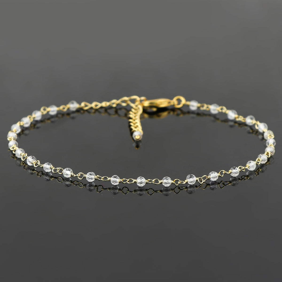 JOR Natural White Topaz Beaded Rosary Anklet, Handmade Craft, Anklet Beads Bracelet, Chakra Healing Anklet, Gemstone Women Jewelry, Dainty Gold Plated Anklet 9 inch + 2 inch (1pcs)