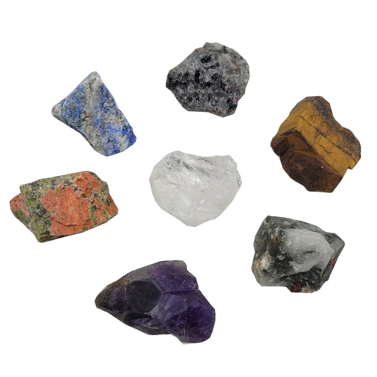 7Pcs Rocks for Tumbling,Energy Raw Crystals Set of Clear Quartz,Lapis Lazuli,Amethyst,Unakite,Africa Bloodstone,Tiger's Eye,Flame Yooperlite (Crystals for Tumbling)