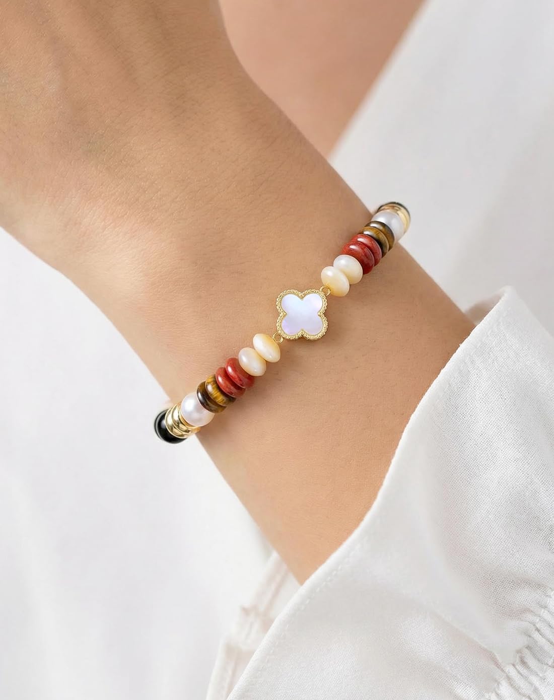 YEETONDA Four Leaf Clover Natural Gemstone Rainbow Bracelets Jewelry 16th 21st 30th 40th 50th 60th 70th 80th Birthday Gifts For Women Mom Sister Friend Daughter Niece（Black Tourmaline）