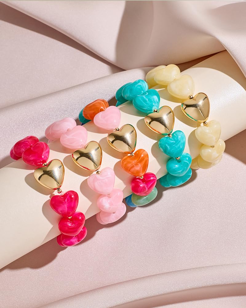 FAUTHENTICUTE Colorful Heart Bead Bracelet for Women with Chunky Gold Heart Charm Boho Beaded Stretch Bracelet Stack Chunky Rainbow Bead Strand Bracelets for Summer Beach Jewelry Gift