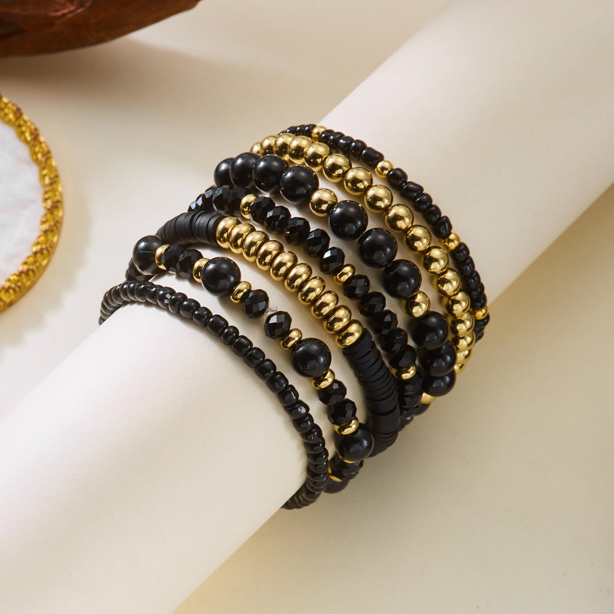 LOTSOF Boho Multilayer Beaded Bracelets Set for Women - Vintage Gold & Brown Stackable Stretch Bracelets, Bohemian Handmade Jewelry for Daily Style & Gifting (Black)