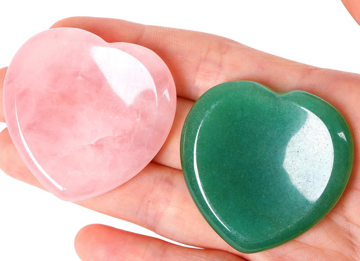 QINJIEJIE 2PCS Heart Crystal Thumb Worry Stone for Anxiety Rose Quartz Green Aventurine Crystals Palm Polished Gemstone Pocket Massage Heart Gem Anxiety Relief Item Meditation Gift for Women