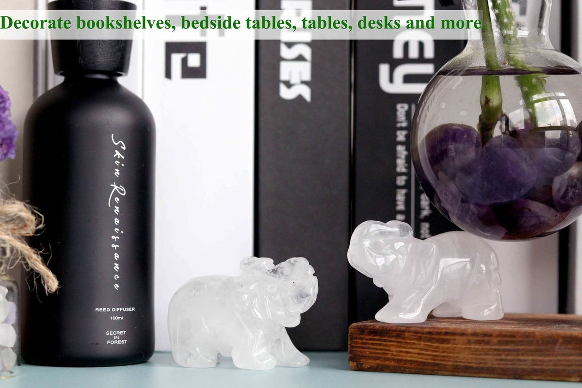 2" Clear Quartz Elephant Decor Healing Crystal Cute White Polished Natural Stone Hand-Carved Big Sculpture Statue Figurines Gemstone Energy Hippie Home Room Office Desk Decoration Gifts for Women Men