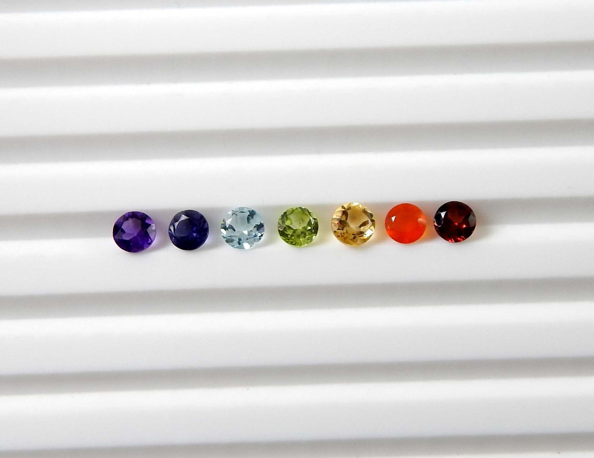 Myhealingworld Natural Amethyst Iolite Blue Topaz Peridot Citrine Carnelian and Garnet 3mm round faceted brilliant cut 7 chakra AAA quality loose calibrated gemstones for jewelry making (BOX 1 - (Round 3mm = 7 Stones)