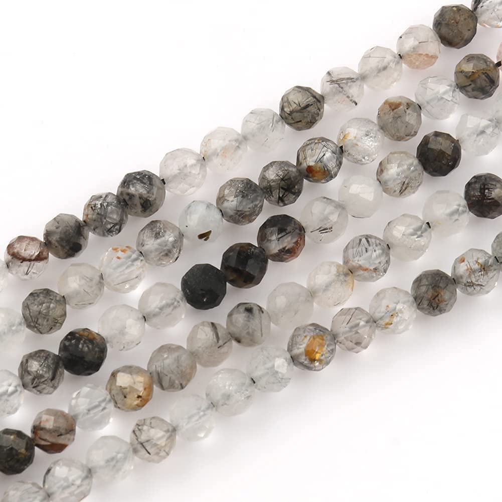 Song Xi 180pcs 2mm Natural Black Rutilated Quartz Gemstone Beads Faceted Round Loose Stone Beads for Jewelry Making (1 Strand)