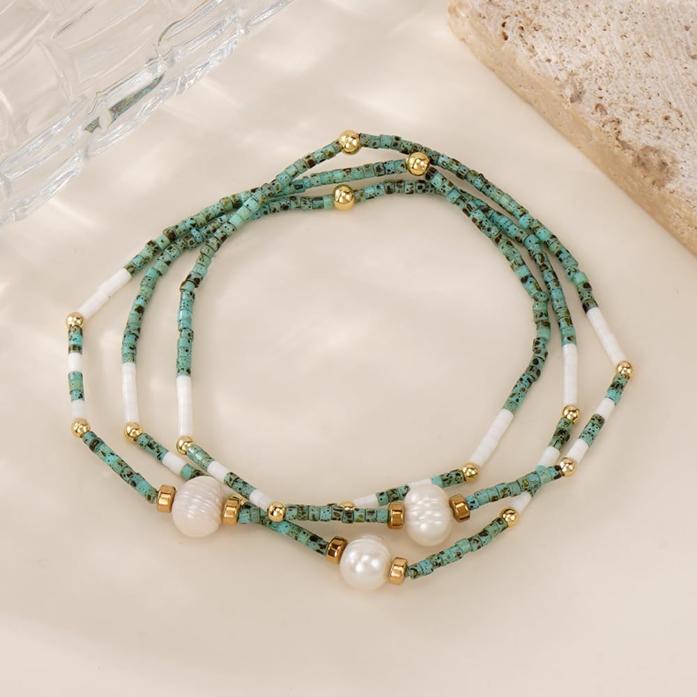 Opalencian Aventurine Pearl Beaded Stackable Bracelet for Women,3PCS/set Stack Green Beads Bracelet Charm Jewelry Gifts Friendship
