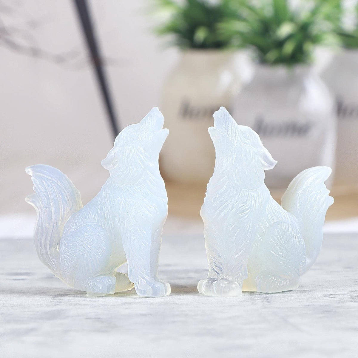 LEADGEM 2.0" Opalite Wolf Statue Gifts Healing Crystal Decor Big Tail Wolf Figurines Wolve Statue,Hand Carved Healing Stone Wolf Stone Sculpture Ornaments Top Colletctible
