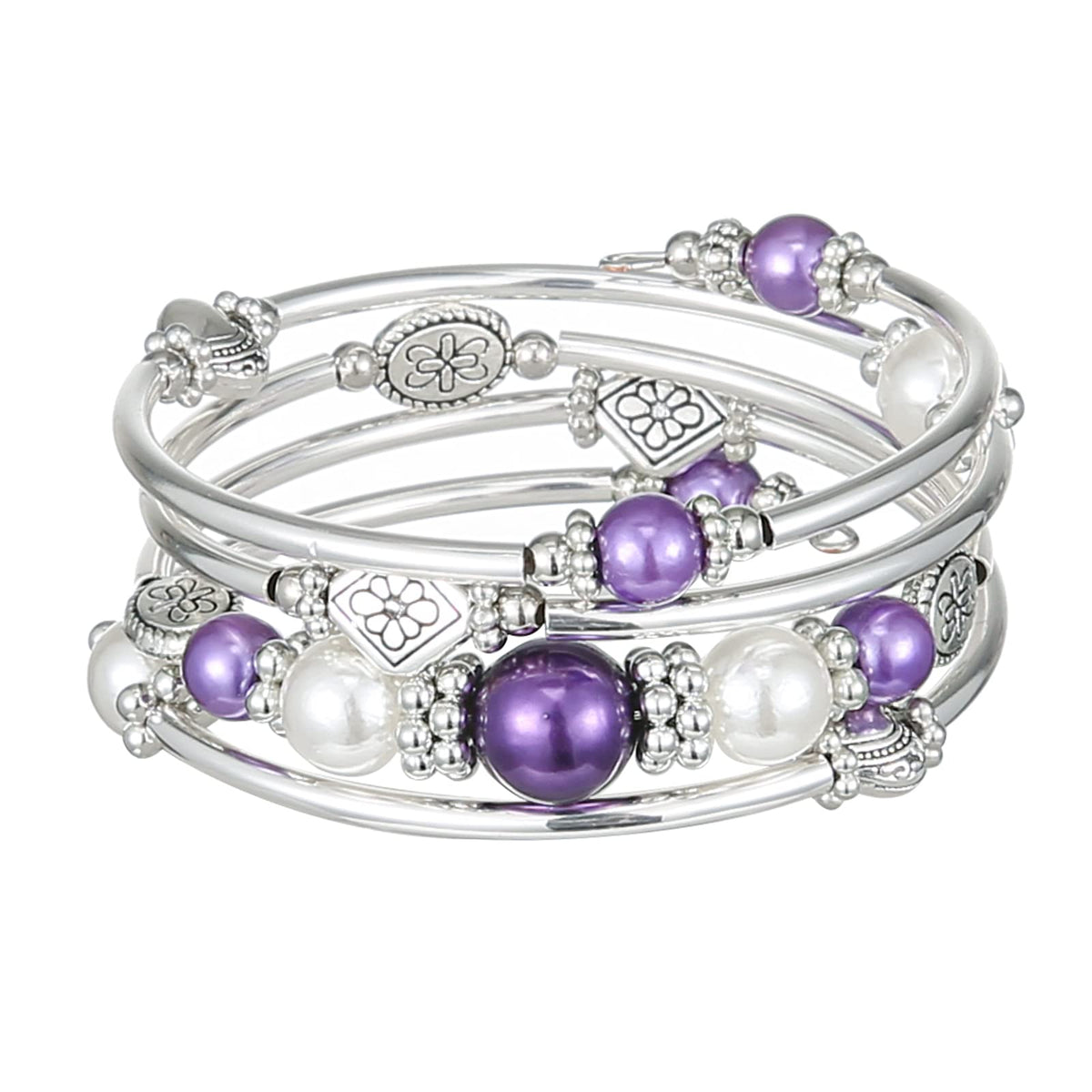 FULU AUTUMN Beaded Pearl Bangle Bracelets for Women Silver Wrap Bangles Bracelet Womens Costume Jewelry Fashion Gift(18-Purple)