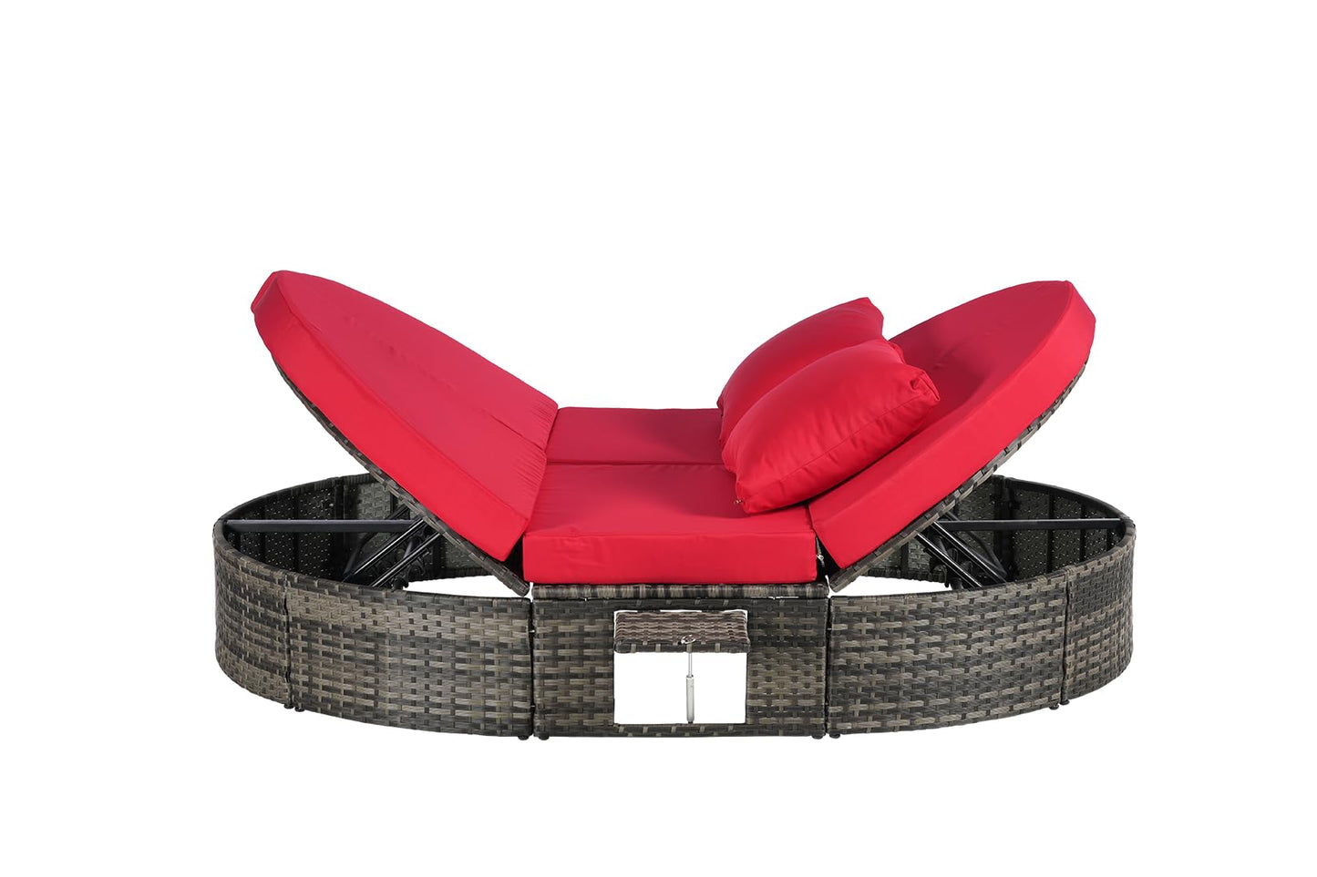 Bituman Luxury Round Patio Daybed with Pillows, Foldable Wicker Sun Lounger Featuring Adjustable Backrests & Cup Holders, 600lbs Heavy Duty Steel Frame, Fully Assembled Outdoor Furniture for Poolside