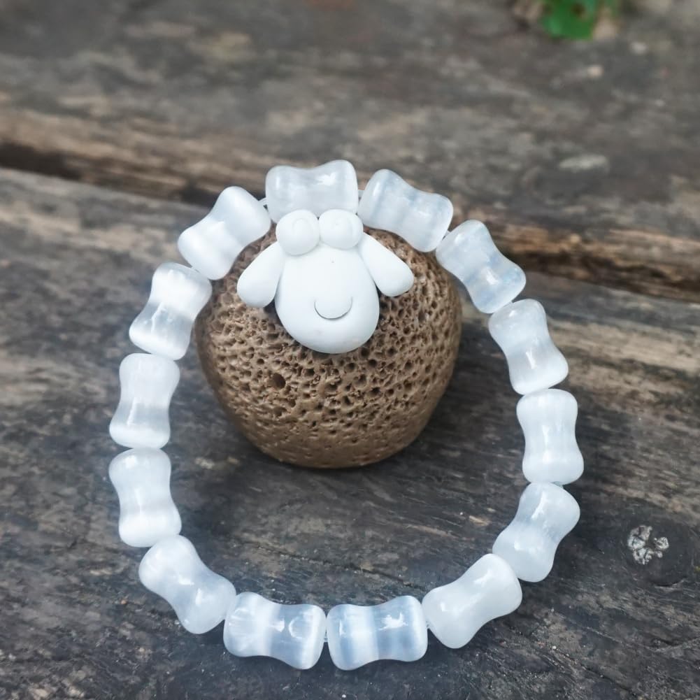 TaHLga 8mm Selenite Bracelet White Bamboo-Shaped | Natural Stone Beads with Traditional Bamboo Node Design | Handmade Meditation Healing Crystal Jewelry | Beading Tool Kit - Adjust to 6.5-7.5 inches