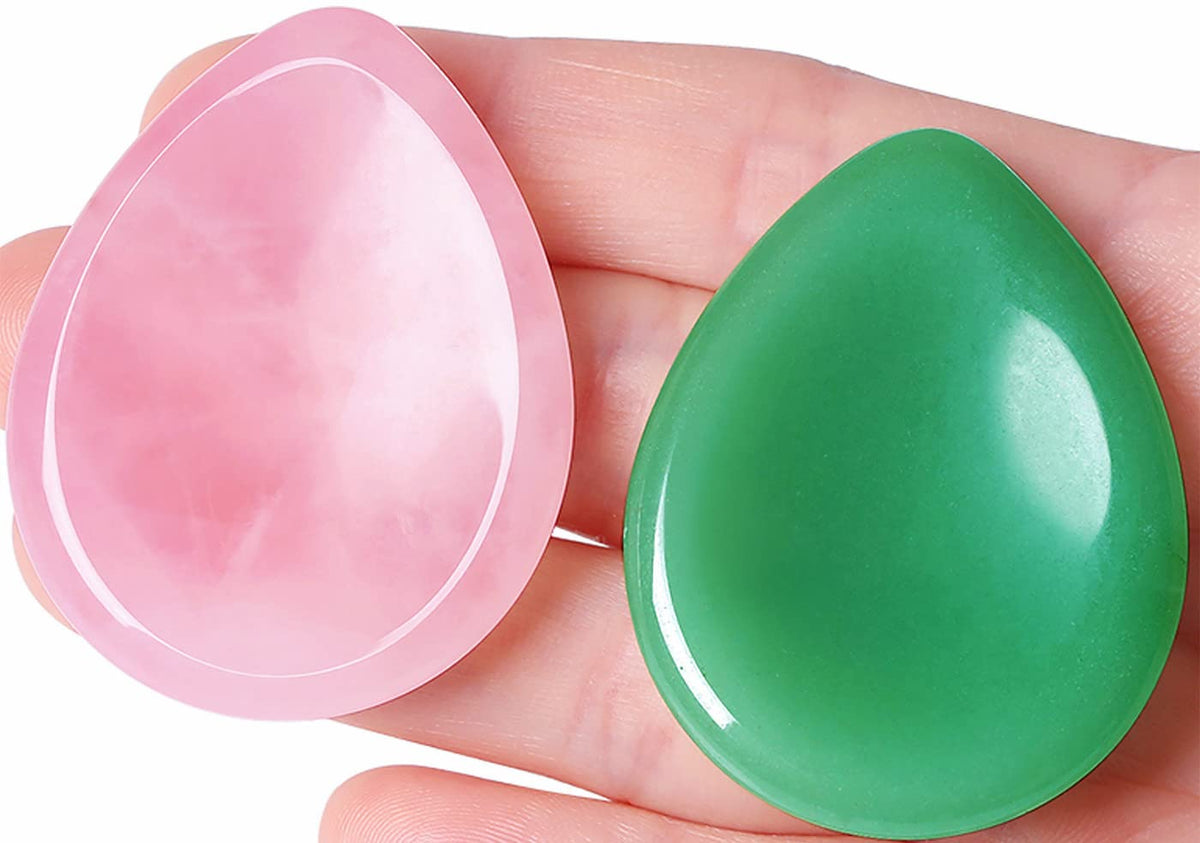 QINJIEJIE 2PCS Worry Stone Rose Quartz Hand Carved Thumb Stones Pocket Gemstones Healing Crystals Sets Green Aventurine Meditation Crystal Reiki Natural Relax Palm Stone for Anxiety Therapy Relief