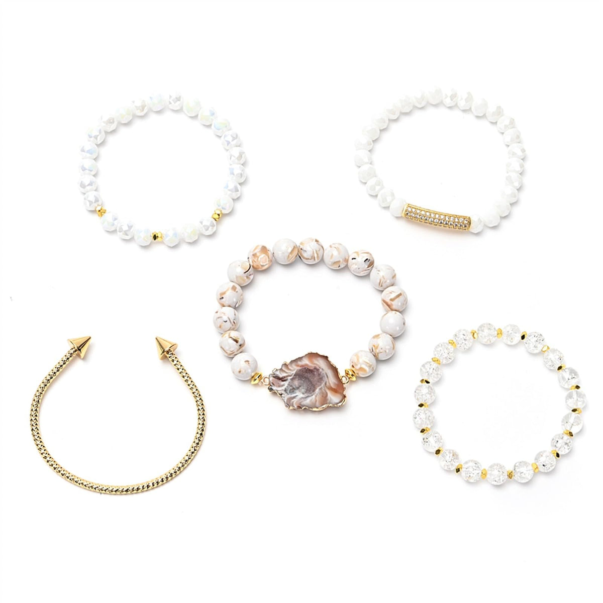 BOPOW 5PCS Beaded Bracelets/Bangle for Women, Multilayered Stackable Elastic Natural Howlite Agate Crystal Stones Bracelets Set Handmade Boho Jewelry Gift for Women
