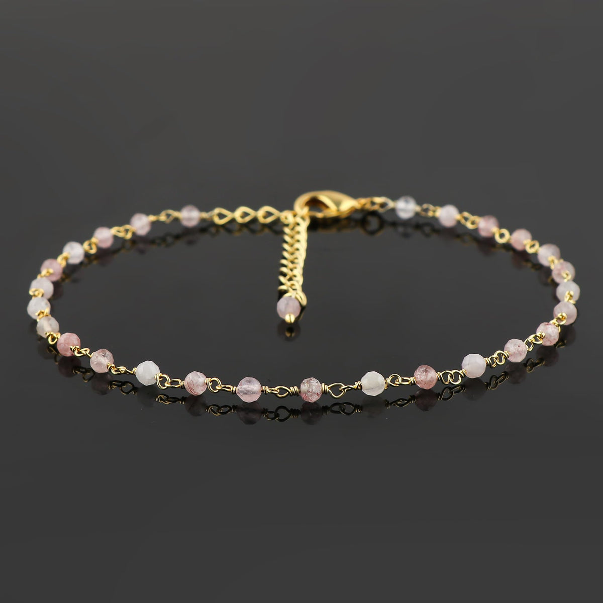 JOR Natural Strawberry Quartz Beaded Rosary Anklet, Handmade Craft, Anklet Beads Bracelet, Chakra Healing Anklet, Gemstone Women Jewelry, Dainty Gold Plated Anklet 9 inch + 2 inch (1pcs)