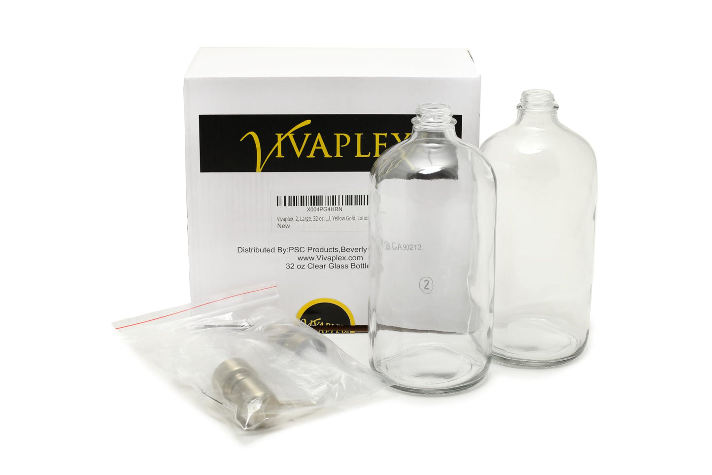 Vivaplex, 2, Large, 32 oz, Empty, Clear Glass Bottles with Stainless Steel, Yellow Gold, Lotion Pumps