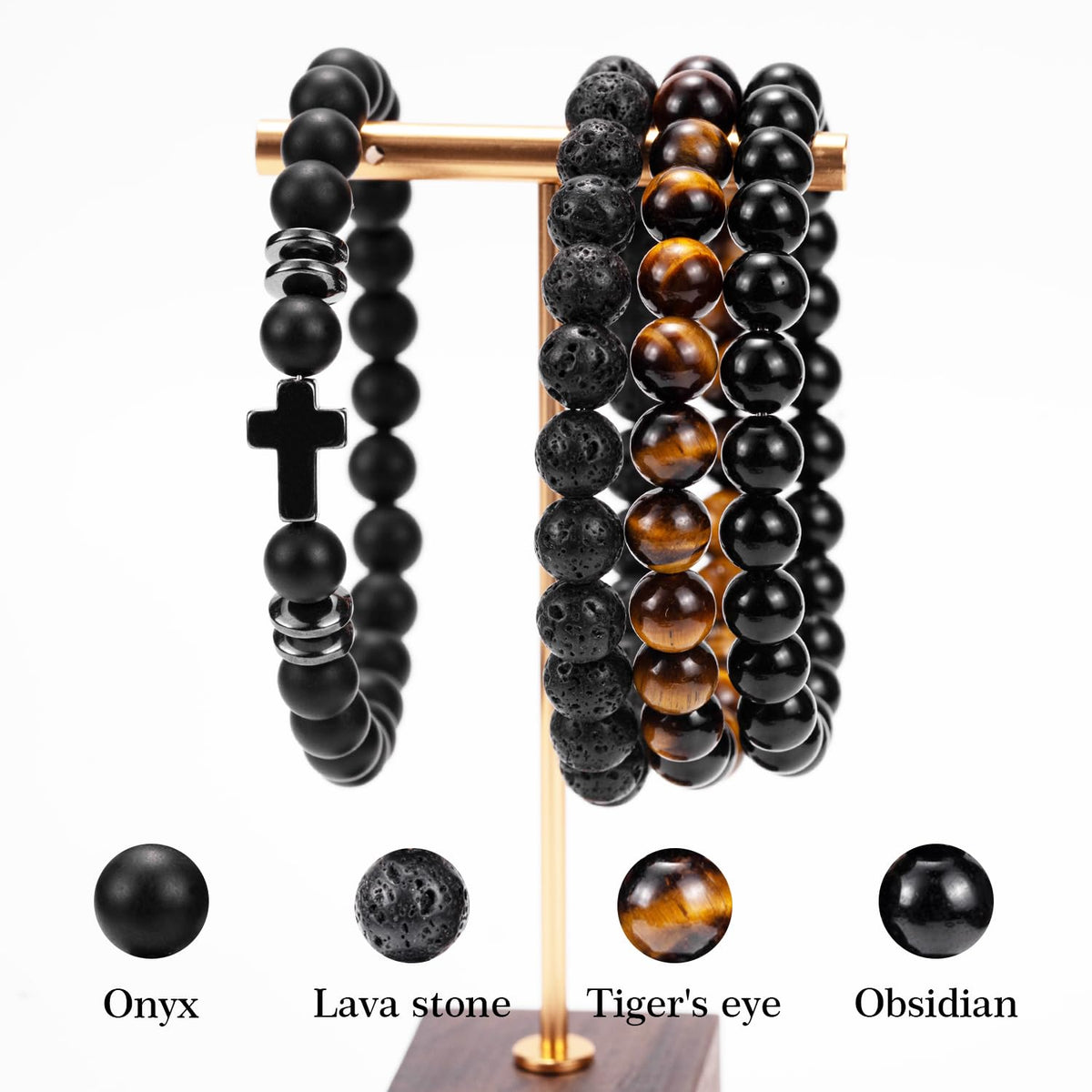 Crystery Men Beaded Bracelets, 8mm Natural Stone Bracelet, Healing Crystal, Jewelry Gifts for men, Triple Protection, Black Onyx, Tiger Eye, Black Obsidian Beads Bracelets, Lava Rock, Pack of 4