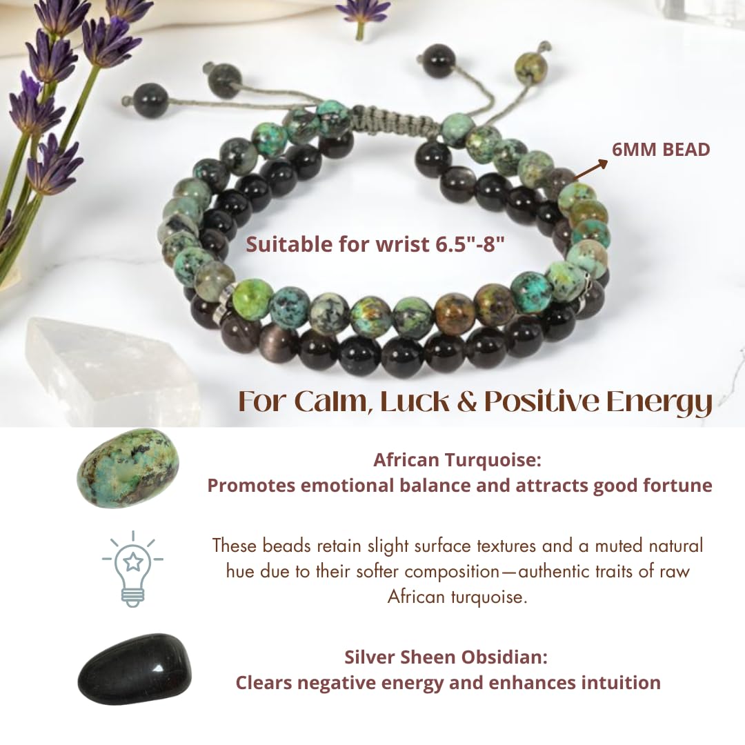 Atminafays 6MM Stackable Healing Bracelet - Mookaite Jasper, Tiger's Eye & African Turquoise with Silver Sheen Obsidian Beads | Adjustable Handwoven Cord | Boho Chic Spiritual Jewelry for Men & Women (Calm & Luck)