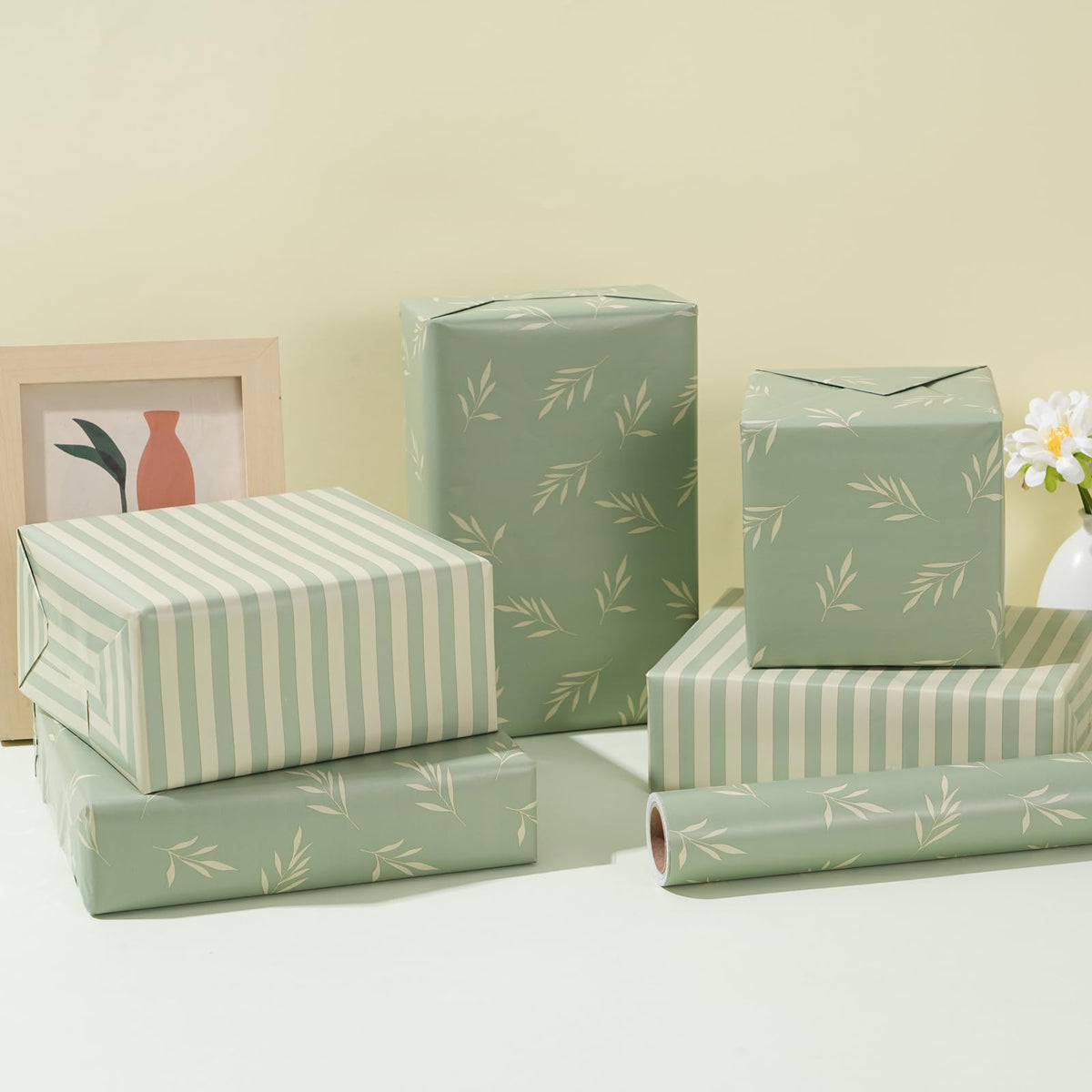 ZINTBIAL Reversible Gift Wrapping Paper Roll - Light Green Background with Beige Leaves - Green Stripe Design - for Birthdays,Weddings,Baby Showers,Mother's Day,Christmas - 17.5" x 33' (48 sq. ft.)