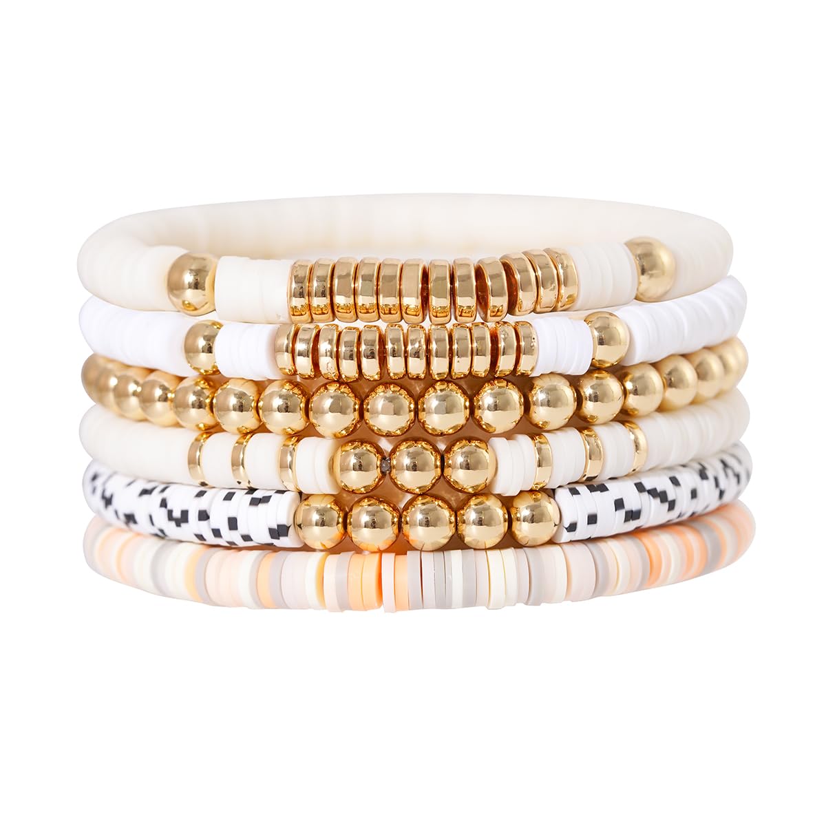 GOOJIDS Surfer Heishi Clay Bead Bracelets for Women Bohemian Stackable Gold Plated Beaded Stretch Bracelets Elastic Layering Friendship Bracelets Set Boho Jewelry (T-MixWhite Set)