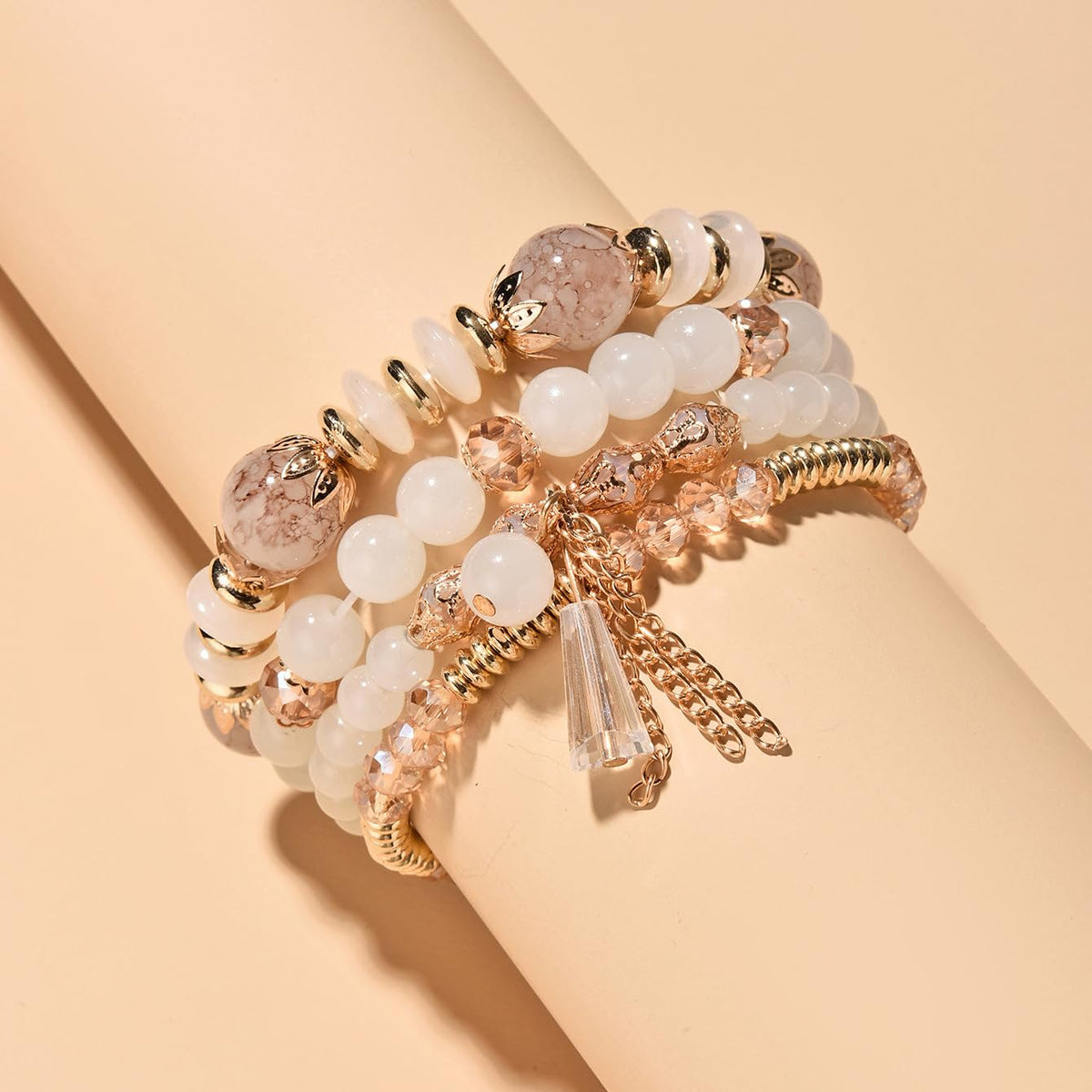 LOTSOF Bohemian Green Jade Stackable Bracelet Set - 4-Layer Stretch Beaded Bracelets with Gold Accents, Boho Jewelry for Women, Fashion Statement Accessory (Gift Ready) (White)