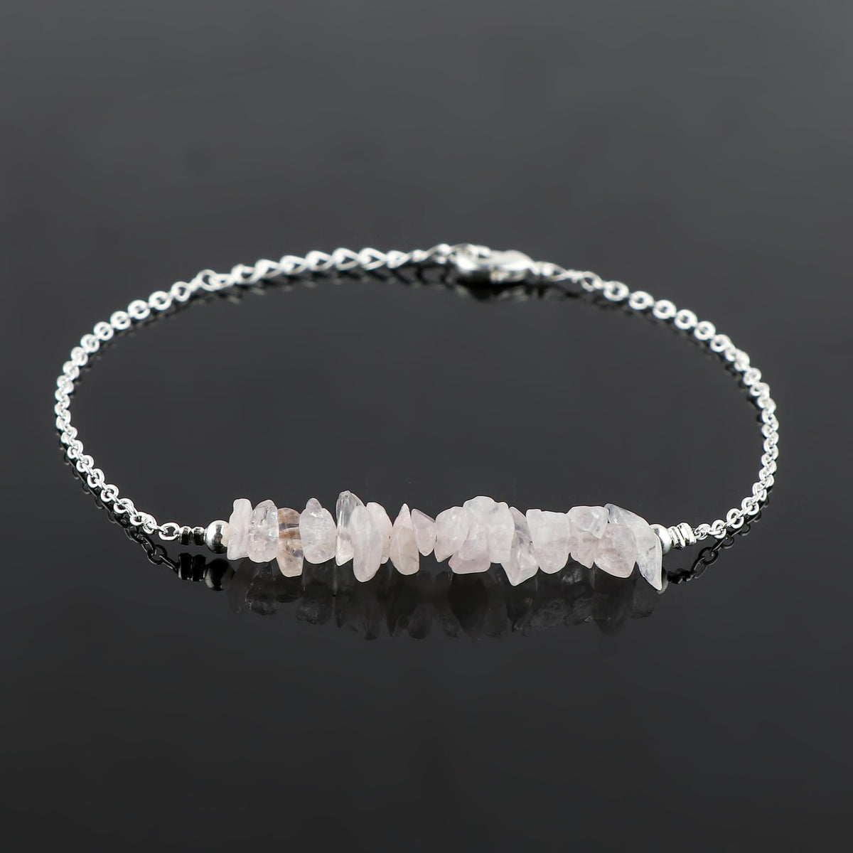 Gemimpression Handmade Rose Quartz Chips Bar Bracelet – Natural Energy Healing Crystals – Silver Plated Adjustable 8 Inch Chain – Christmas Gift