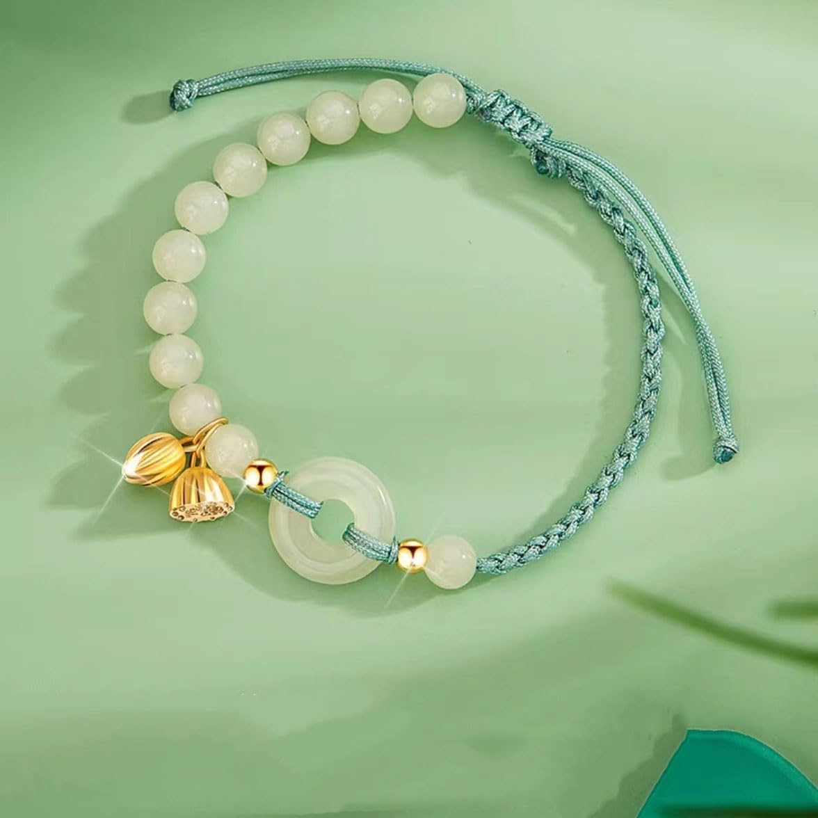 RTY Chinese Style Jade Bangle Bracelet for Women White Jade Stones Bead Hand Woven Bracelet Ping An Buckle Lucky Bracelet Birthday Ladies BFF Jewelry Gift (green)