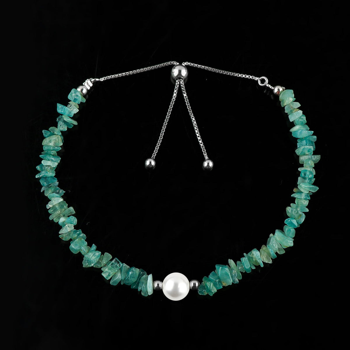CRYSTALIS Natural Grandidierite Beads Slider Bolo Bracelet with Elegant Pearl, Uncut Chips Nuggets Crystals, Chakra Healing Gemstone, Women Jewelry, 925 Sterling Silver Slider 10 inch