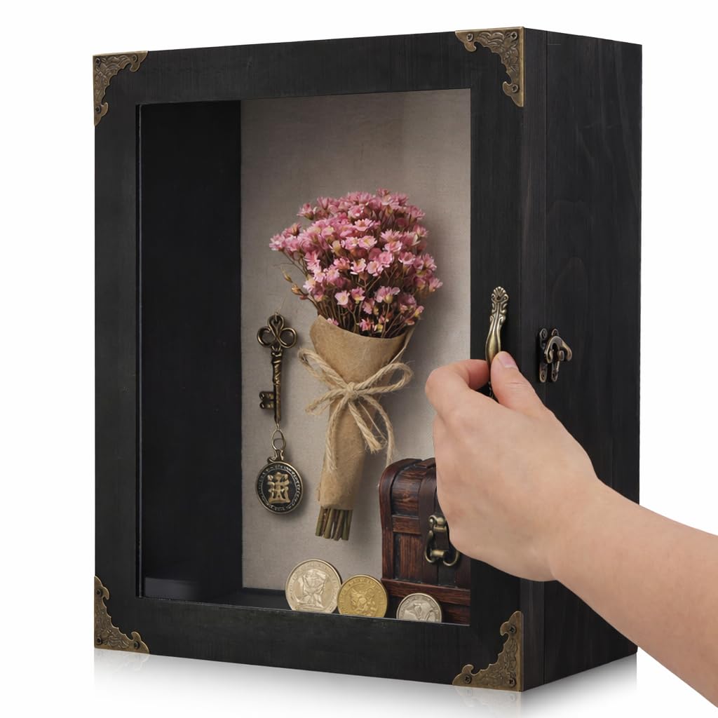 KAASTHAA Shadow Box Frame 11x13, Depth 5in Shadow Boxes Display Cases, Acrylic Door, Rustic Burnt Wood, Vintage Metal Accents, Hinged Door, Metal Handle and Latch, Linen Back