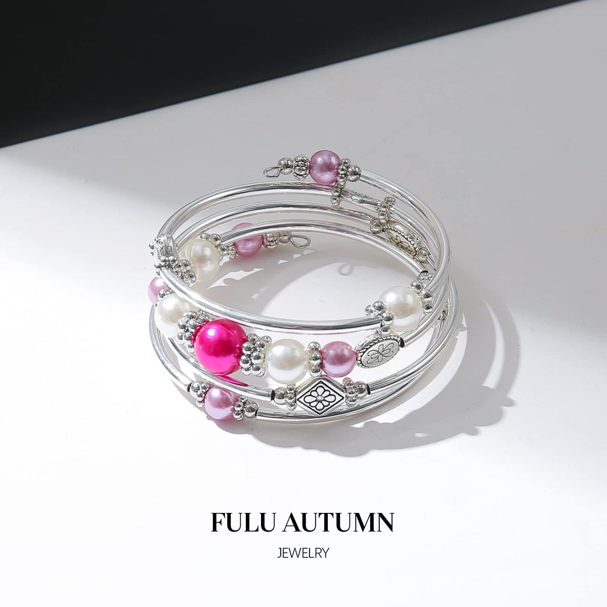 FULU AUTUMN Beaded Pearl Bangle Bracelets for Women Silver Wrap Bangles Bracelet Womens Costume Jewelry Fashion Gift(18-Hot pink)