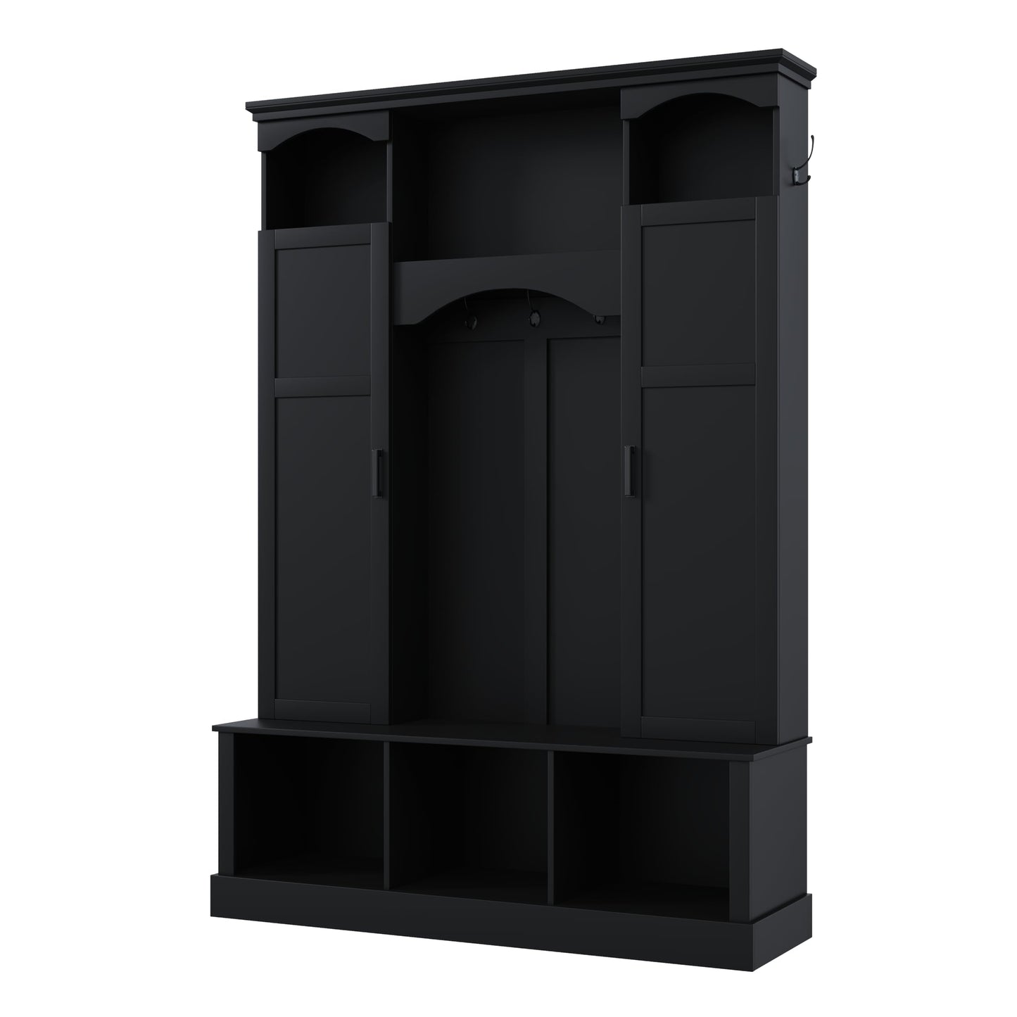 FILWY ON-Trend Modern All-in-One Hall Tree with Adjustable Shelves, Classic Arched Farmhouse Storage Bench with Dual Side Cabinets, Elegant Entryway Organizer with 7 Hooks for Mudroom, Hallway