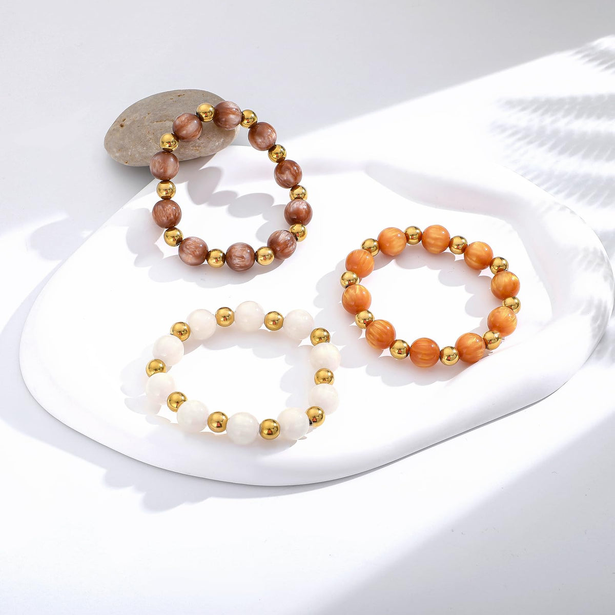 GOOJIDS Brown Beads Gold Plated Heart Beaded Bracelets For Women Dainty Gold Plated Stack Layered Beads Bracelet Gift set for MAMA Birthday Mother's Day