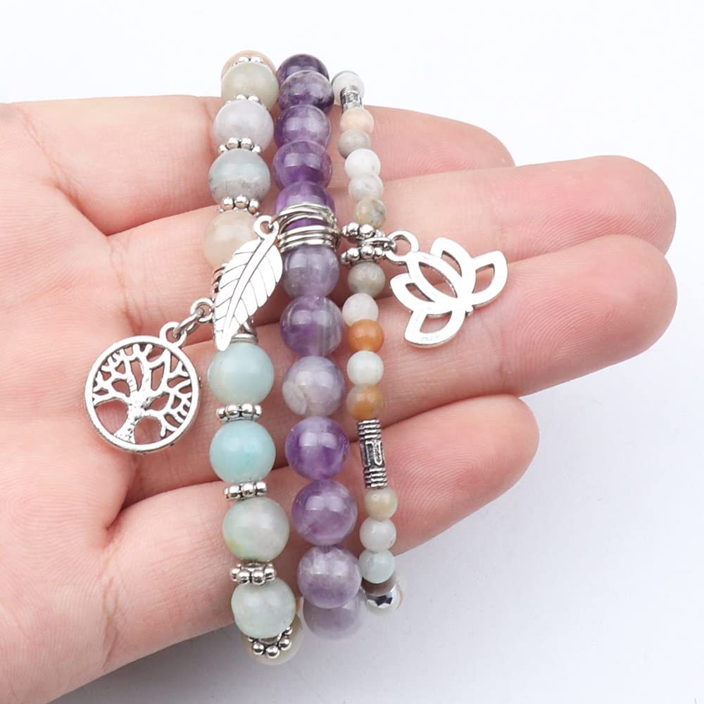 UEUC Tree of Life Yoga Healing Stone Bracelets, Multilayer Lotus Chakra Stone Reiki Bracelet Sets, Anxiety Crystal Natural Stone,for Women Stress Relief(#135)