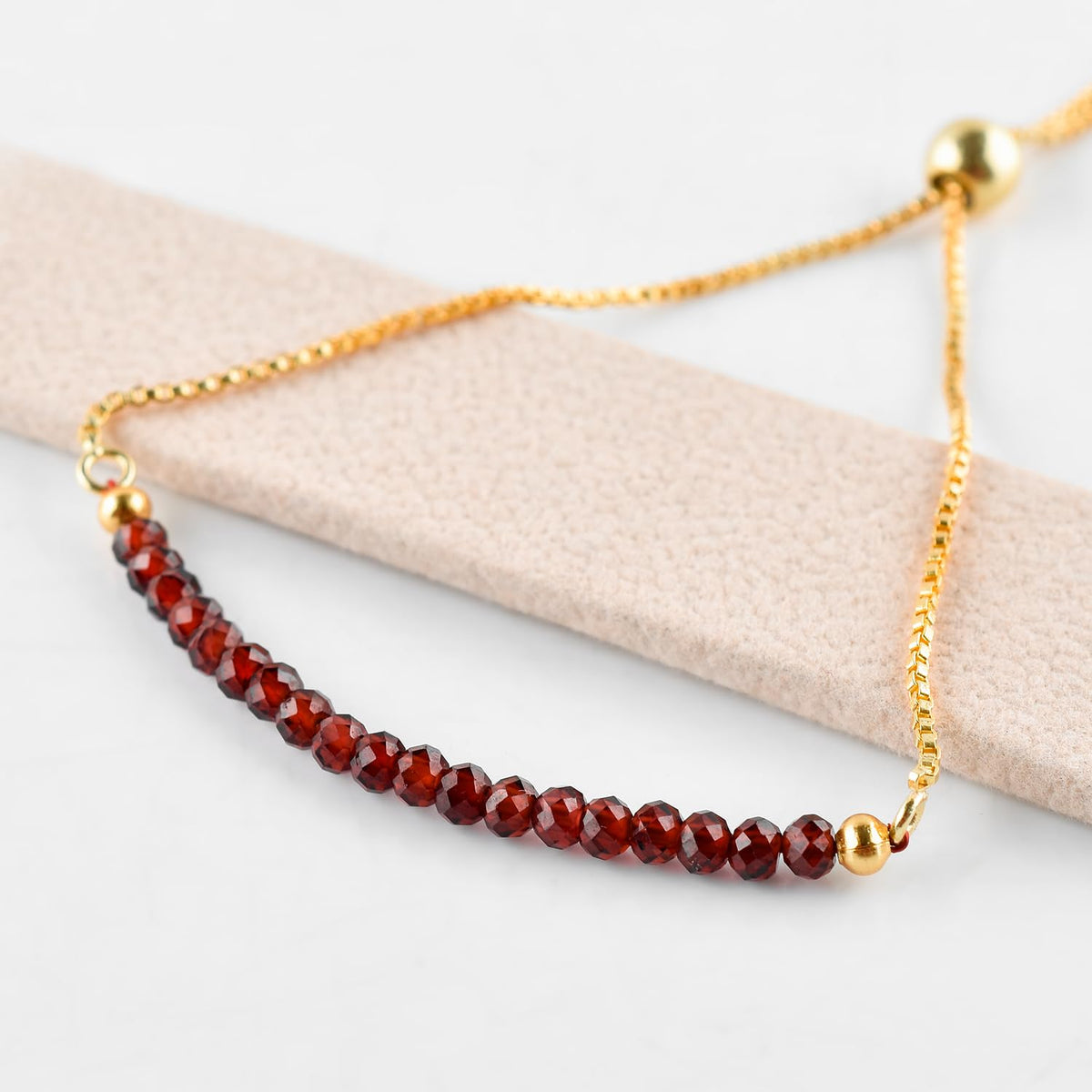 InfinityGemsArt Garnet Bracelets For Women, January Birthstone Jewelry, Micro Red Beads Beaded Stone Bolo Slider Crystals Gemstones Bracelet, 14K Gold Plated Adjustable Chain, Valentines Gifts For Her