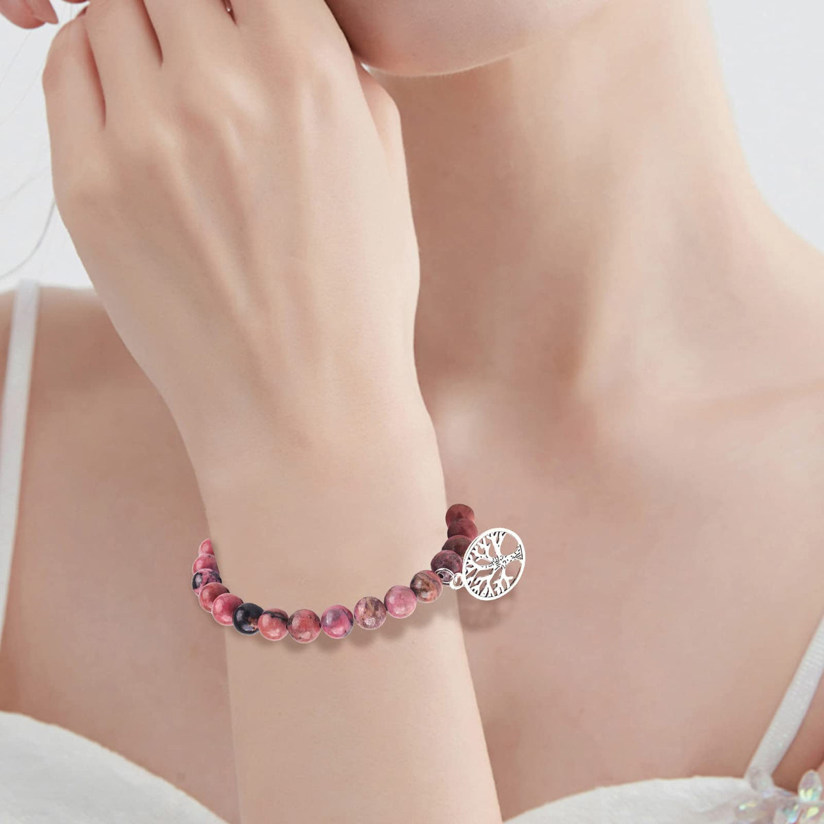 Mother's Day Gifts Tree of Life Charm Bracelet for Granny 8mm Natural Healing Crystals Beads Stretch Bracelet Mom Birthday Gifts