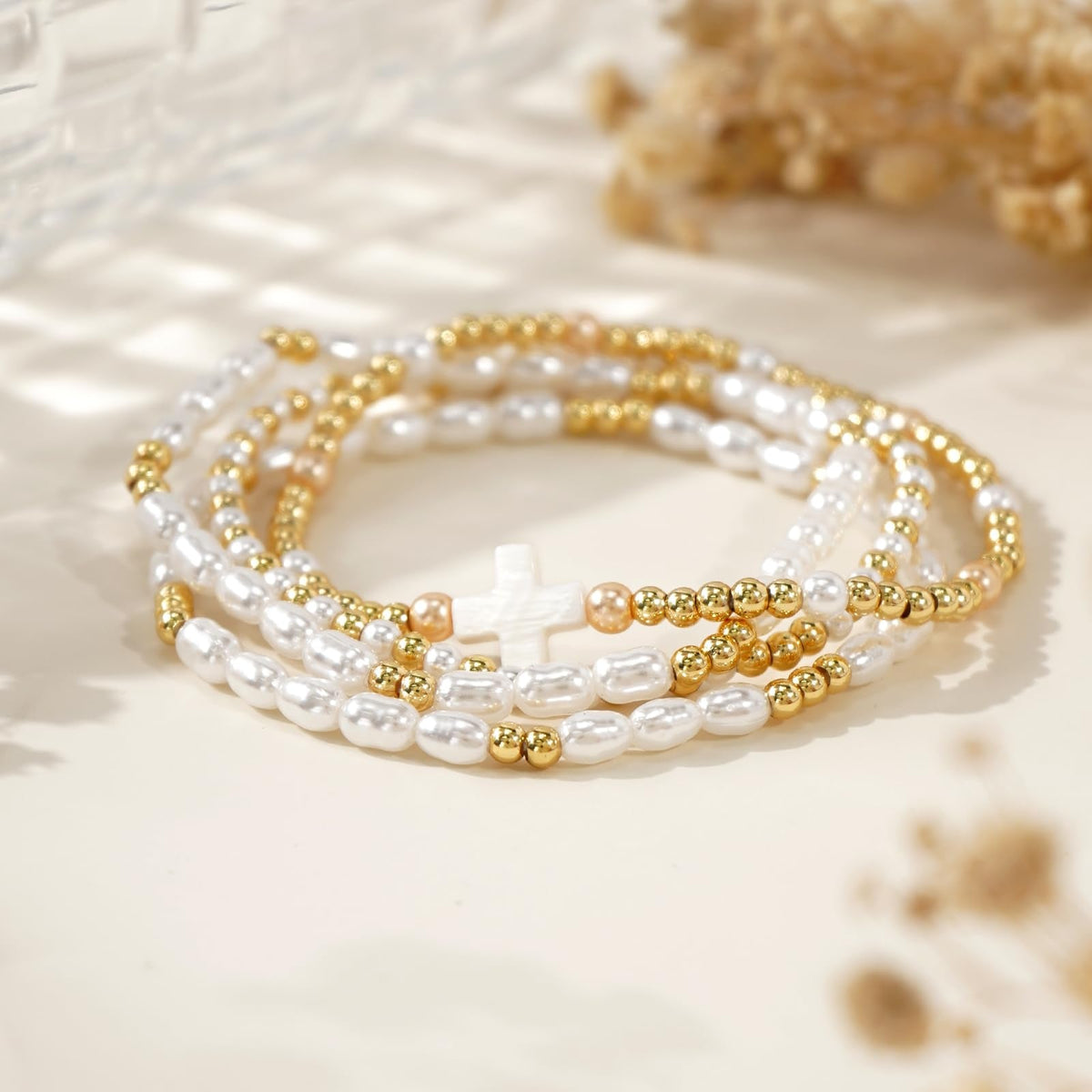 Bohxantium Pearl Gold Beaded Bracelets Set for Women White Cross Bracelet Stack Stretch 14K Gold Plated Beads Ball Stackable Non Tarnish Trendy Dainty Jewelry Friendship Christian Gifts for Women