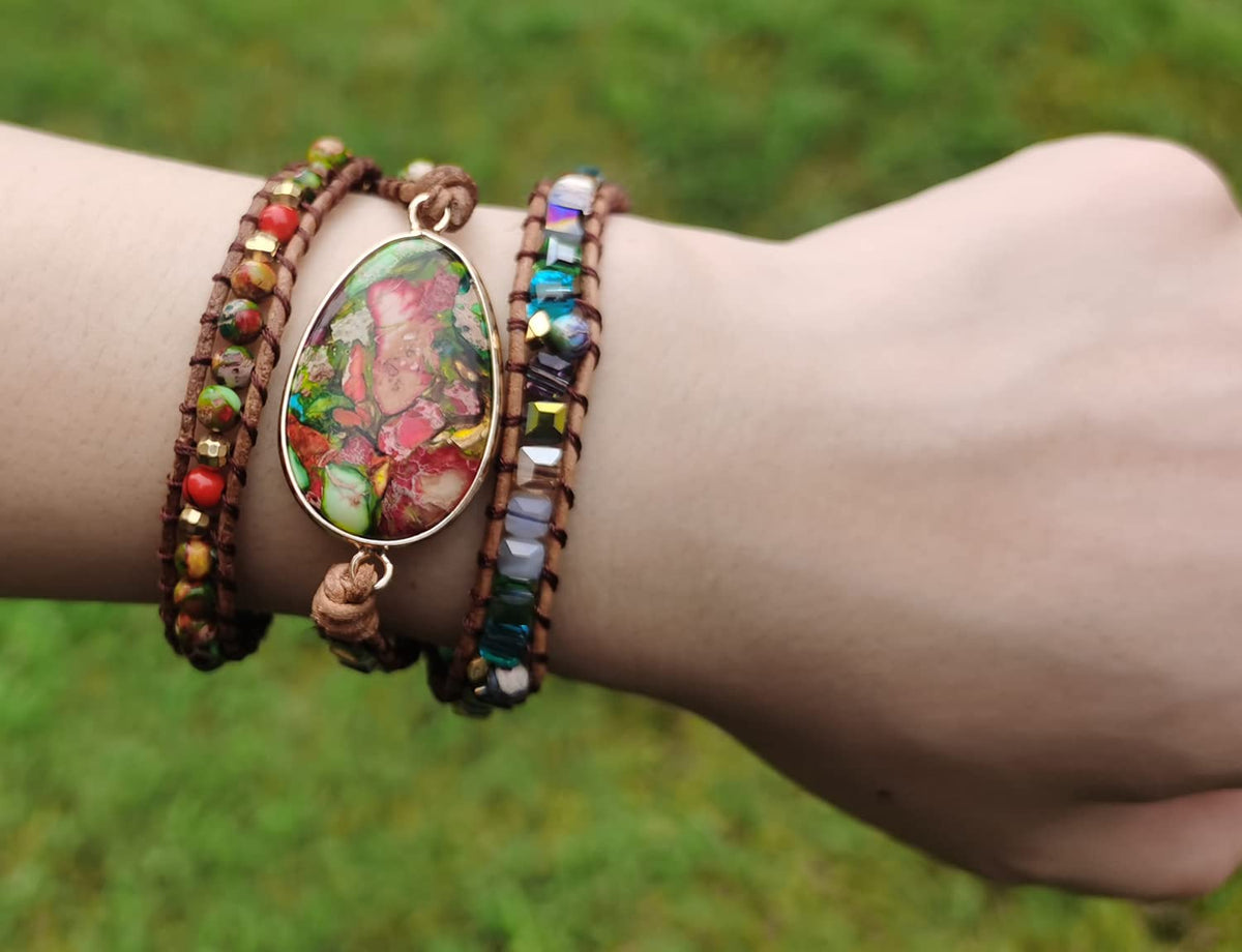 ZOSOJONA Women Wrap Bracelet Boho Natural Jasper Crystal Stone Beads Strand Bracelets (Colored turquoise)