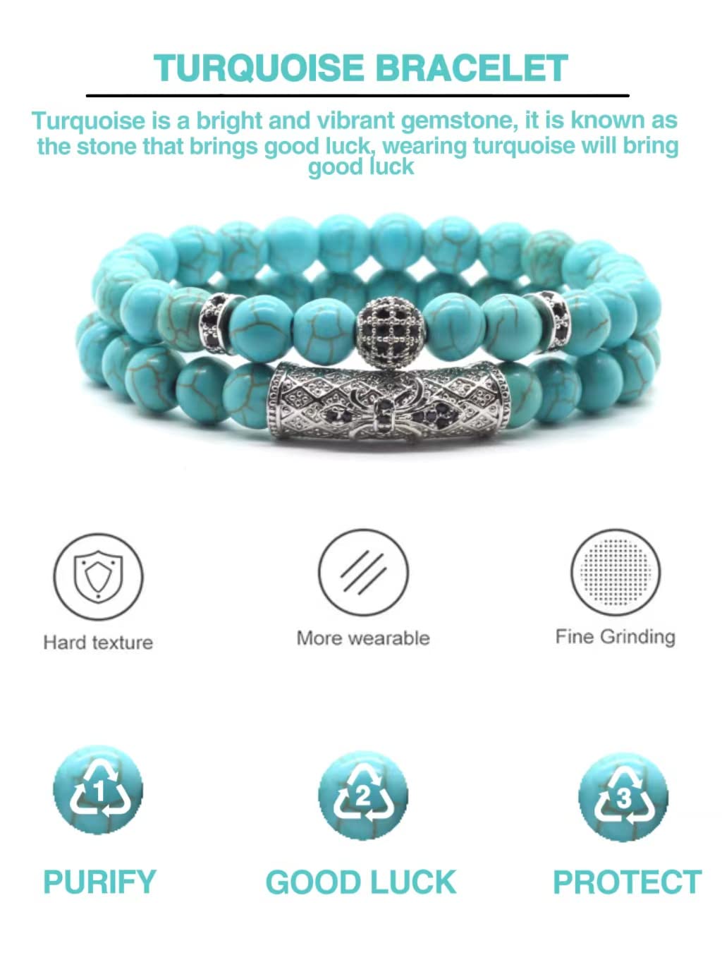 GDLKPYHS Turquoise Bracelet, Handmade Beaded Bracelet 8MM Healing Crystal Beads Protection Bracelet,Turquoise Jewelry Bring Good Luck, Prosperity and Happiness, Men's and Women's Gifts