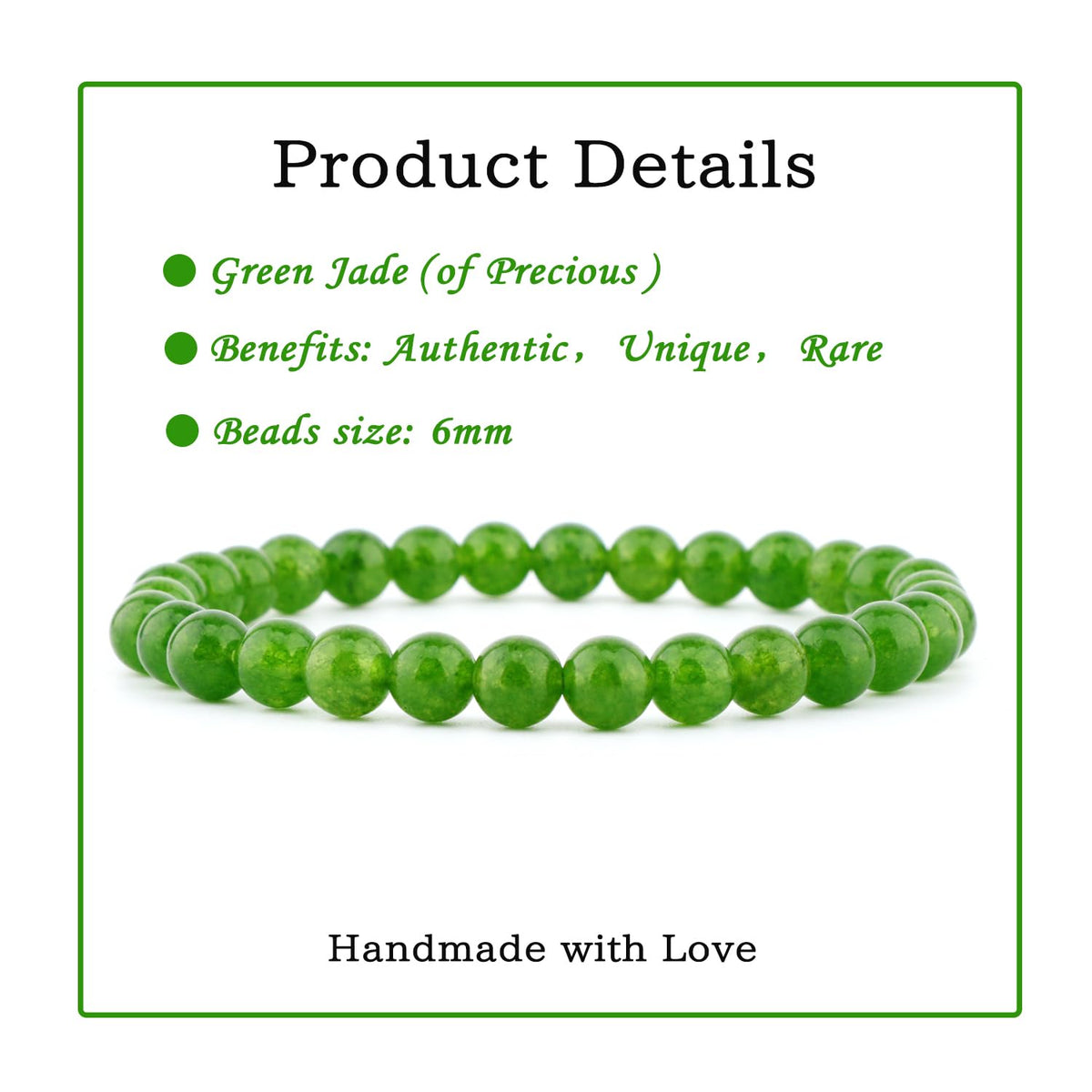 Bymitel 6mm Green Jade - Handmade Reiki Gemstone Stretch Bracelet, Natural Beauty & Spiritual Essence, Crystal Healing for Unisex Adults