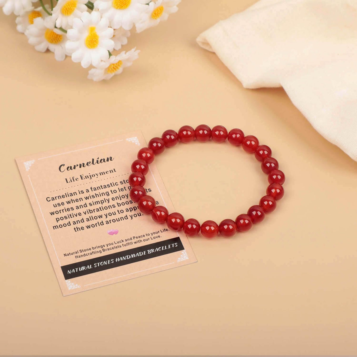 AD Beads Handmade Gemstone Stretch Elastic Bracelet Crystal Healing Reiki Nature's Beauty and Spiritual Essence Unisex (4mm, Carnelian (Life Enjoyment))