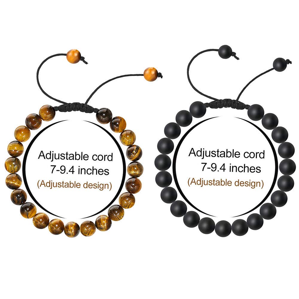 M MOOHAM Mens Bracelet Gifts for Him - Tiger Eye Black Matte Agate Mens Adjustable Bracelet Gifts for Teen Boy 16-18