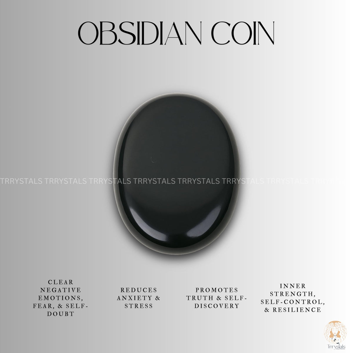 TRRYSTALS Natural Black Obsidian Zibu Coin | Engraved Gemstone Coin for Meditation & Décor | Small Polished Stone Collectible Token For Good Luck