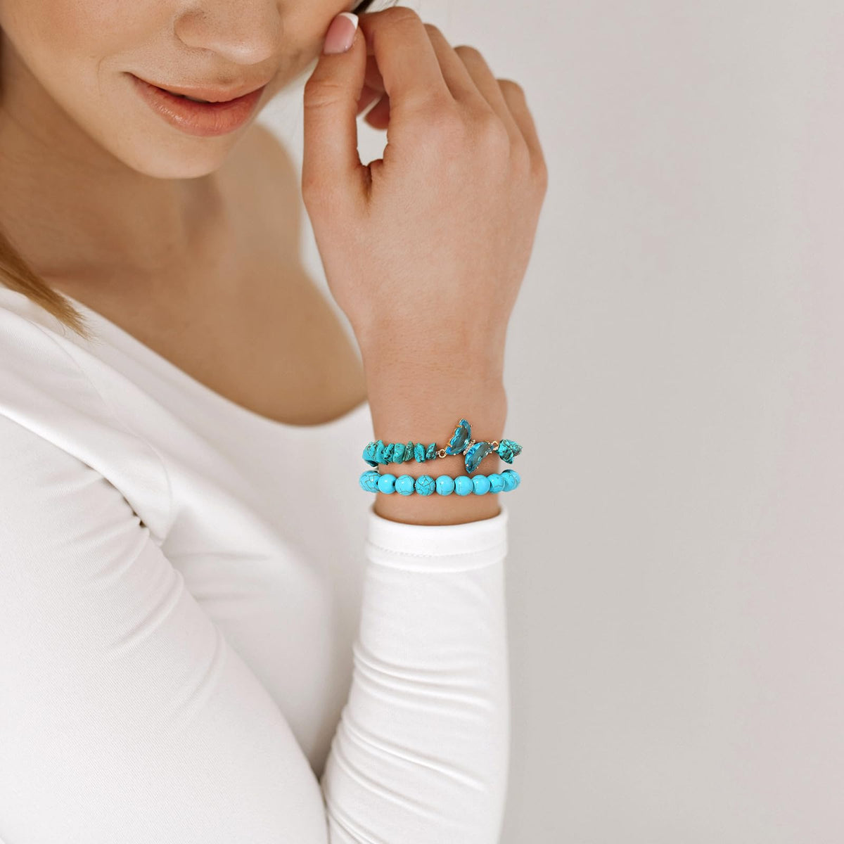 GolbalJew Turquoise Beaded Bracelet for Women Healing Crystal Stone Bracelets Blue Beads Stretch Bracelet Butterfly Charms Jewelry Women Gift