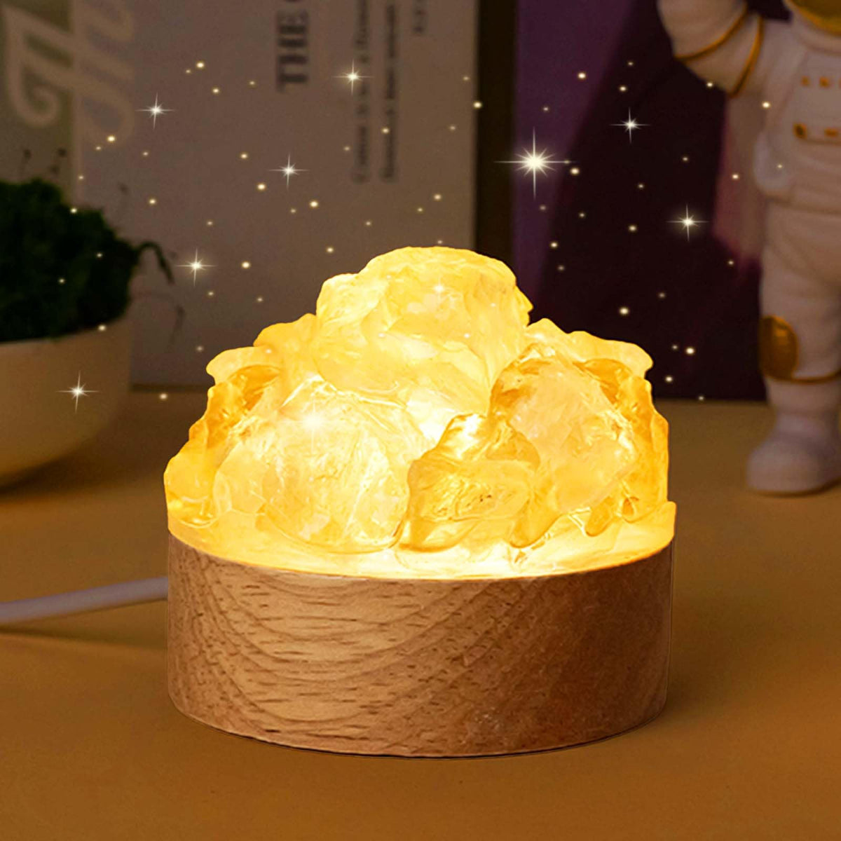 Runyangshi Citrine Money Night Light with Natural Raw Crystal - USB Powered Abundance Lamp for Office Desk, Wealth, Success, Healing Crystal Decor with Wood Base, Gift Idea