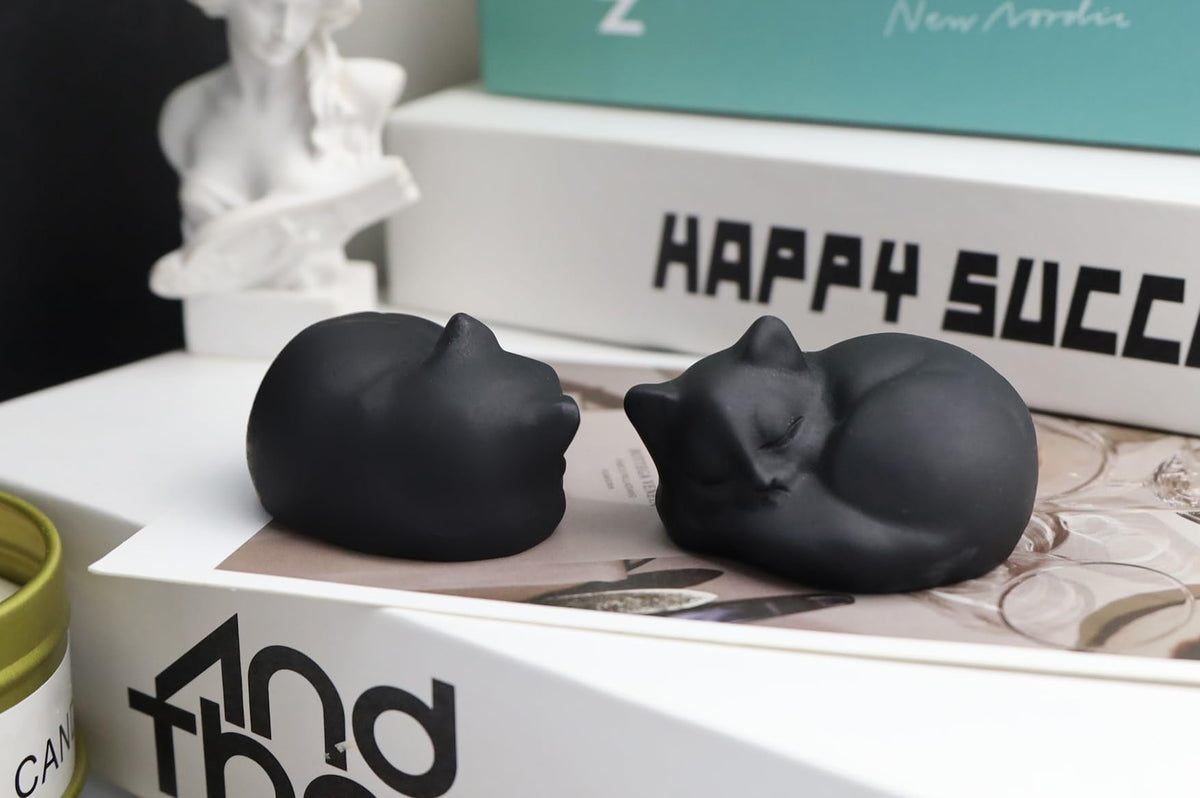 QINJIEJIE Black Obsidian Cat Crystals Decor Matt Sleeping Cat Statue Hand Carved Stone Figurine Decor Gifts Polished Cute Gemstones Office Room Home Desk Lucky Decoration for Women Men