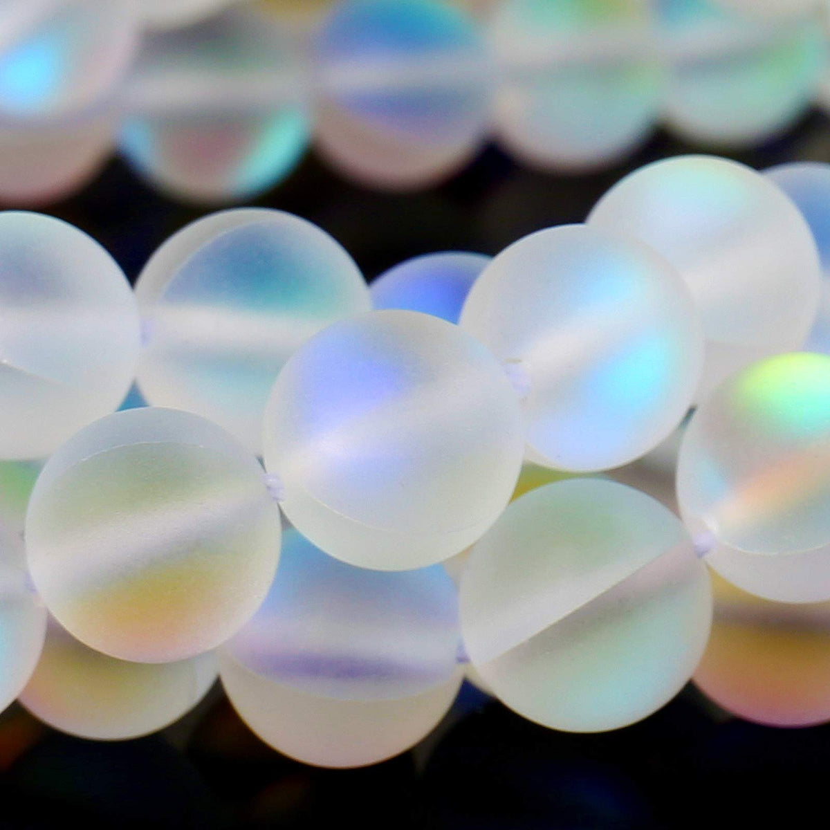 Matte White Aurora Crystal Glass Beads, 6MM Frosted Glitter Shining Mermaid Round Loose Beads, Rainbow Holographic Synthetic Moonstone for Jewelry Making DIY Bracelet