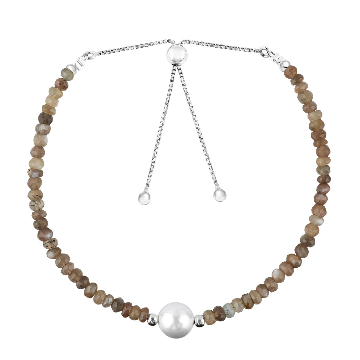 CRYSTALINES Natural Grey Moonstone Gemstones Beads Bolo Bracelets with Pearl, Handmade, Beaded Bracelet, Real Crystals Jewelry, Women Bracelet, Silver Plated Adjustable Chain 6+4inch, A Grade