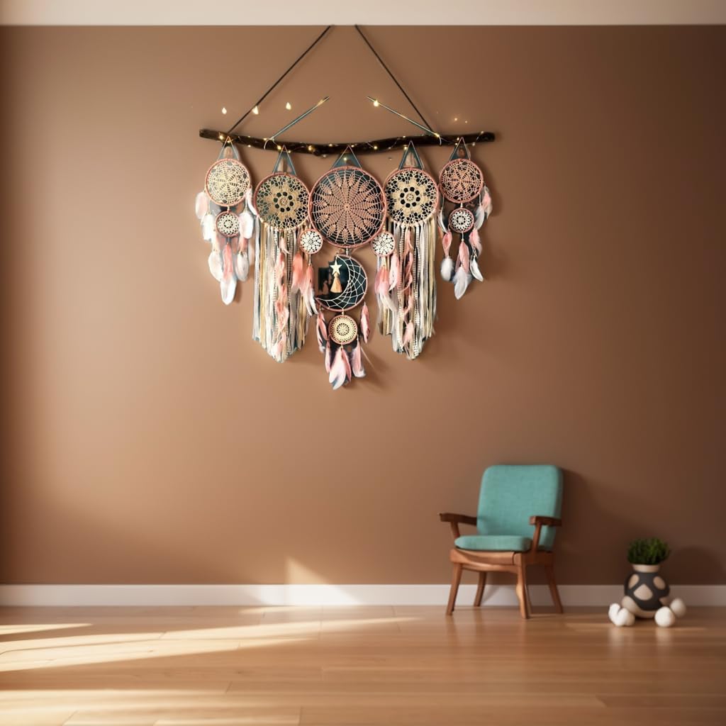 5 Pack Moon Phase Dreamcatcher Set Boho Wall Decor, Boho Macrame Wall Hanging Dream Catchers, for Home, Bedroom, Living Room, Witchy Gifts (Black)
