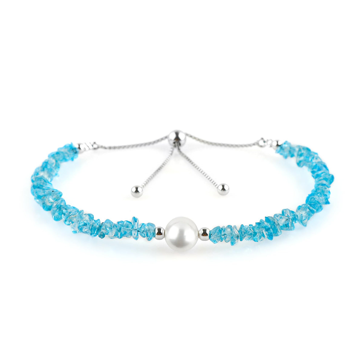 CRYSTALIS Natural Swiss-Blue-Topaz Beads Slider Bolo Bracelet with Elegant Pearl, Uncut Chips Nuggets Crystals, Chakra Healing Gemstone, Women Jewelry, 925 Sterling Silver Slider 10 inch